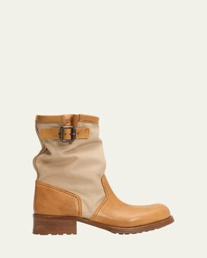Prada Leather And Canvas Biker Mid-Calf Boots - Natural