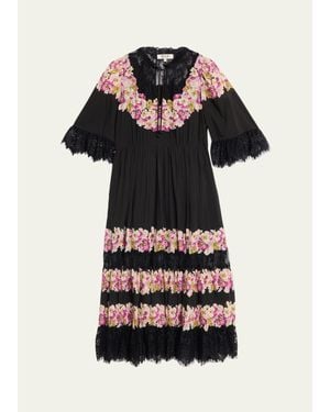 Sea 3/4-Sleeve Persephone Print Cotton Lace-Trim Midi Dress - Black