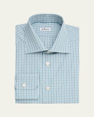 Kiton Cotton Plaid Classic-Fit Dress Shirt - Blue