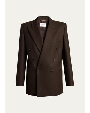 Saint Laurent Brushed Wool-Blend Double-Breasted Blazer Jacket - Black
