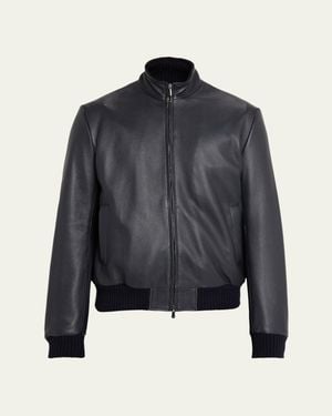 Cesare Attolini Leather Bomber Jacket - Blue