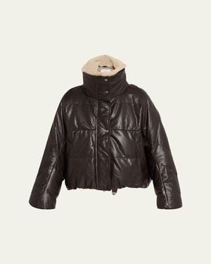 Brunello Cucinelli Waxed Leather Puffer Coat With Shearling Collar - Black