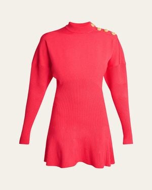 Balmain Button-Shoulder Batwing-Sleeve Mini Sweater Dress - Red