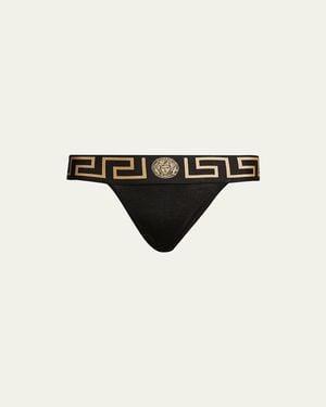 Versace Greca-Border Stretch Cotton Thong - Black
