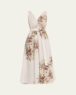 Brunello Cucinelli Abstract Dahlia Sleeveless Belted Midi Dress - Natural