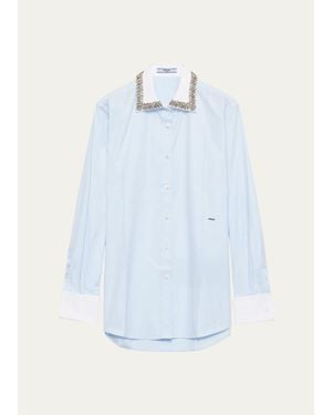 Prada Cotton Embellished Contrast-Collar Shirt - Blue