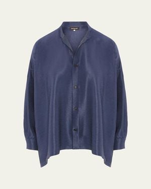 Eskandar Midweight Silk Plisse Wide A-Line Shirt - Blue