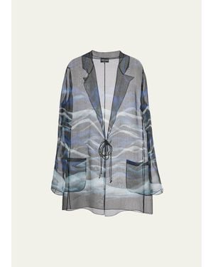 Giorgio Armani Night Water Print Self-Tie Silk Blouse Jacket - Blue