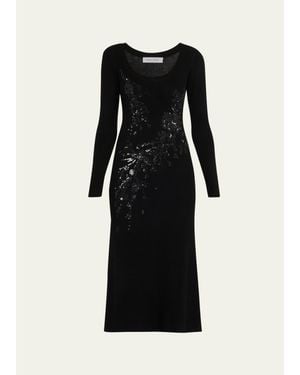 Prabal Gurung Sequin Floral-Embroidered Rib Knit Midi Dress - Black