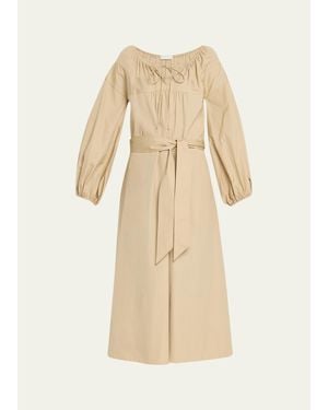 Vince Shirred Cotton Belted Tie-Neck Midi Dress - Natural