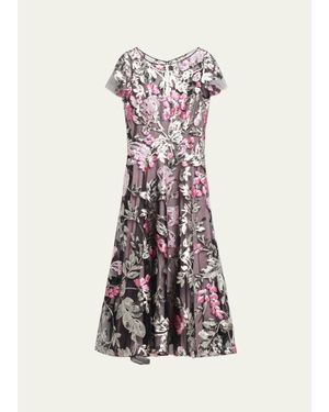 Naeem Khan Sequin Floral Short-Sleeved Tea Dress - Multicolor