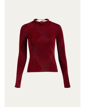 Silvia Tcherassi Lalia Metallic Diamond Velvet Long-Sleeve T-Shirt - Red