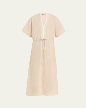 Kiton Drawstring Metallic Check Linen Midi Dress - Natural