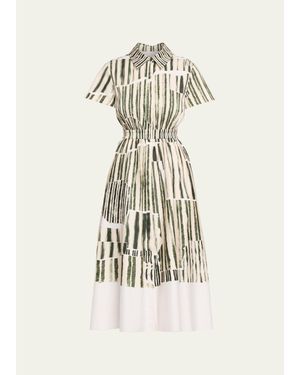 Jason Wu Stripe Collage-Print Short-Sleeve Midi Shirtdress - Natural