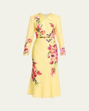 Saloni Claudia Floral Silk Long-Sleeve Fluted Midi Dress - Yellow