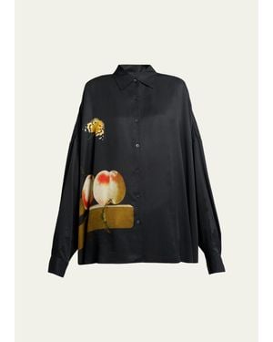 Dries Van Noten Printed Satin Oversized Button-Front Shirt - Blue