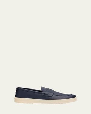 Prada Alphabet Deerskin Rubber-Sole Penny Loafers - Blue