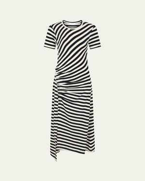 Rabanne Striped Short-Sleeve Ruched Midi T-Shirt Dress - White