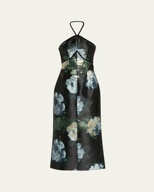 Markarian Domino Metallic Watercolor Halter Midi Dress - Blue