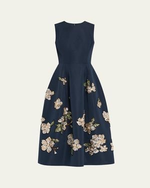 Oscar de la Renta Floral Embroidered Sleeveless Midi Cocktail Dress - Blue