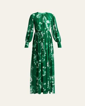 Erdem Gathered Floral Long Sleeve Silk Gown - Green