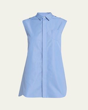 Sacai Chiffon Godet Striped Poplin Mini Shirtdress - Blue