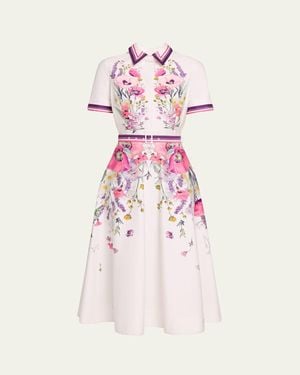 Teri Jon Belted Floral-Print Cotton Midi Shirtdress - Pink