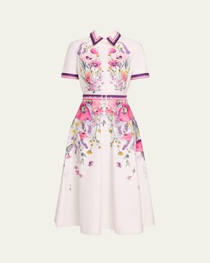 Teri Jon Belted Floral-Print Cotton Midi Shirtdress - Pink