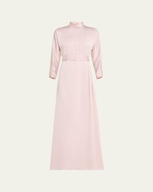 Teri Jon Mock-Neck Crepe Back Satin Gown - Pink