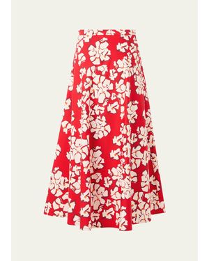 Akris Punto Floral-Print Cotton Midi A-Line Skirt - Red