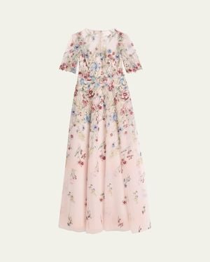 Teri Jon Floral-Embroidered Illusion Tulle Gown - Pink