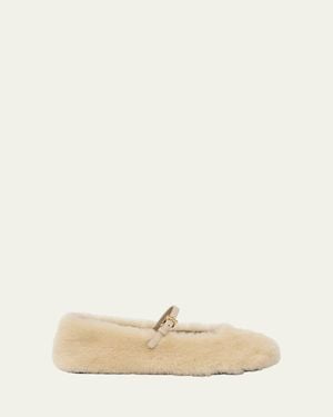 Prada Shearling Mary Jane Ballerina Flats - Natural