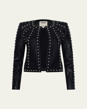 L'Agence Fia Studded Collarless Leather Jacket - Blue