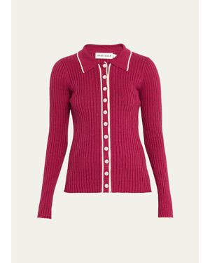 Anna Quan Ashlen Button-Front Rib-Knit Top - Red