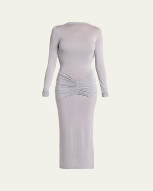 Balmain Ruched Jersey Chain Backless Midi Dress - Gray