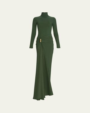Silvia Tcherassi Lena Ruched Long-Sleeve Backless Maxi Dress - Green