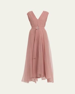 Brunello Cucinelli Belted Pintuck Silk Chiffon Gown - Pink