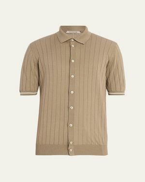 FIORONI CASHMERE Wide Rib Short-Sleeve Button-Down Shirt - Natural