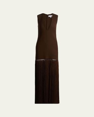 Michael Kors Deep V-Neck Wool Crepe Tassel Maxi Dress - Natural