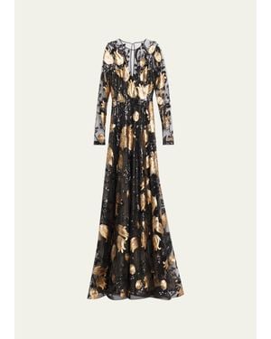 Naeem Khan Floral Sequined Long-Sleeve Illusion Gown - White