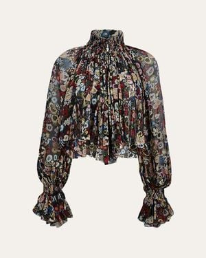 KHAITE Durer Floral Silk Balloon-Sleeve Peasant Top - Black
