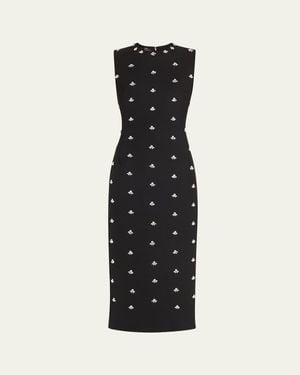 Oscar de la Renta Pearl Cabochon Wool Midi Cocktail Dress - Black