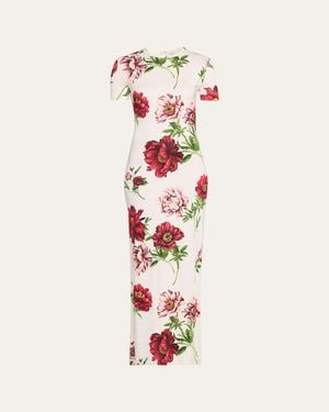 Oscar de la Renta Peony-Print Jersey Short-Sleeve Maxi T-Shirt Dress - White