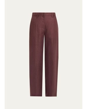 Brunello Cucinelli Elasticized Mid-Rise Linen Straight-Leg Pants - Purple