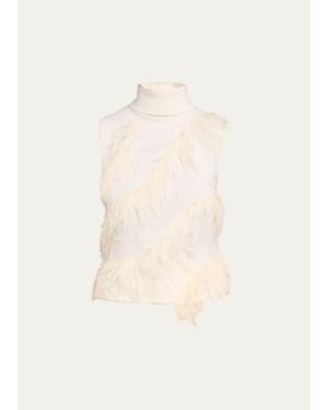 Jonathan Simkhai Elinor Sleeveless Feather Turtleneck Top - White