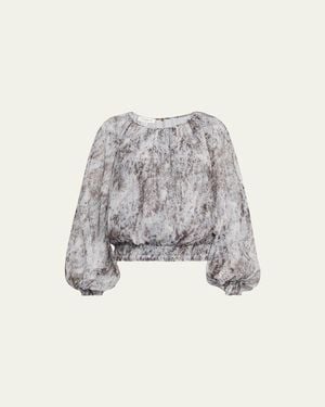 Lafayette 148 New York Gathered Splatter-Print Plisse Blouse - White