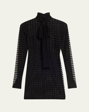 LAQUAN SMITH Bow-Neck Sheer Windowpane Long-Sleeve Mini Dress - Black