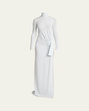 Courreges Turtleneck Belted Crepe Jersey Maxi Dress - Natural