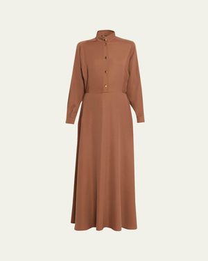 Loro Piana Airy Cady Silk-Wool Long-Sleeve Dress - Brown