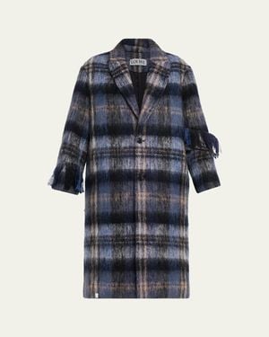 Loewe Single-Breasted Plaid Wool Fringe Long Coat - Blue